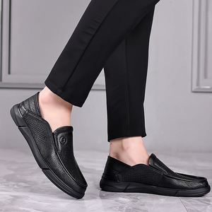 Mocassins en cuir noir perforés pour hommes, respirants, à enfiler, décontractés et habillés, légers, à semelle épaisse, pour le travail et l'été - Product Image 3
