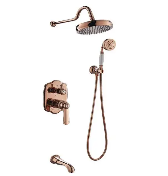New European Style Brass Rose Gold 3 Function Wall Mounted Concealed Bathroom Shower Mixer Set with Telephone Hand Shower