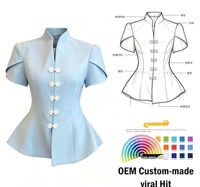 CJ - Nouvelle Blouse Printemps-Été Style Chinois à Col Montant Boutonné, Couleur Unie Écologique, Manches Courtes, Modèle Unique