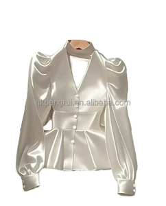 Camisa de satén de manga larga para mujer, estilo casual de lujo, con cuello con muescas, cintura ajustada, cuello en V blanco, personalizada para primavera/verano - Product Image 6
