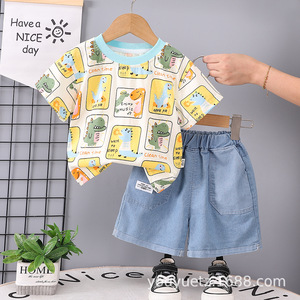 2025 été nouveaux garçons tenue décontractée couleur bloc dessin animé <span class=keywords><strong>Mini</strong></span> pelle à manches courtes col rond Shorts fait tricoté direct enfants - Product Image 2