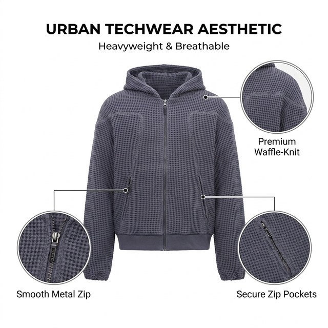 Custom Heavyweight Waffle Knit Full Zip Hoodie Urban Techwear Breathable Oversized Streetwear Autumn Unisex Jacket