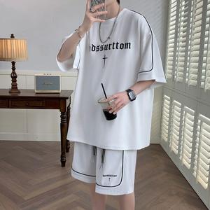 Của nam giới mùa hè giản dị hai mảnh T-Shirt thiết lỏng lẻo và thoải mái dệt kim dệt với thiết kế in mới - Product Image 1