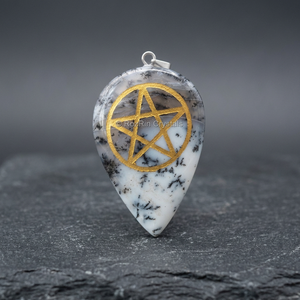 Pendentif Pentacle en Agate Dendritique Plaqué Or, Pierre Naturelle, Breloque Géométrique, Bijou Classique Unisexe pour Mariage - Product Image 2