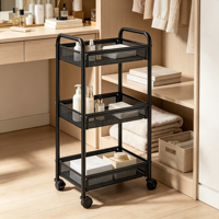Chariot de rangement roulant moderne à 3 niveaux en métal grillagé avec crochets et porte-gobelets, chariot utilitaire à roulettes pour cuisine, salle de bain, bureau