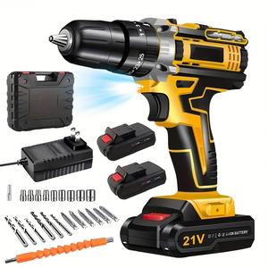 Taladro percutor inalámbrico de 21 V con juego de destornilladores, kit de herramientas de bricolaje con portabrocas sin llave de 3/8 pulgadas, batería personalizable OEM, CD-20K-2 I - Product Image 1