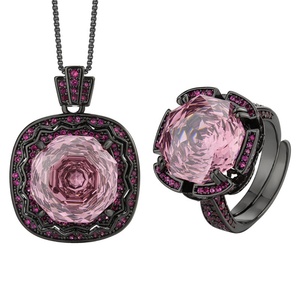 Conjunto de Joyería Ecológico de Moda, Collar y Aretes con Circonita Rosa de 14*14MM, Chapado en Oro Negro sobre Cobre, Regalo para Mujer - Product Image 1