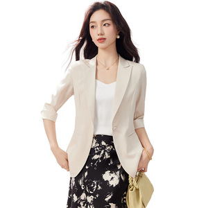 Women's Blazer Apricot Solid Color Three Quarter Sleeve Slim Fit Spring Summer 2026 Pocket Design Versatile Suit Jacket - Product Image 5