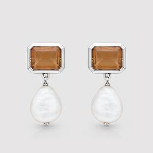 Citrine 925 Sterling <b>Silver</b> Earring - Emerald-Cut <b>Stud</b> with Baroque Pearl Drop - Product Image 1