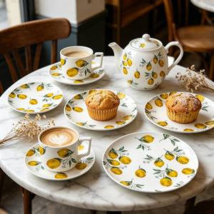 Service de table en céramique personnalisé motif citron, formes variées, assiettes en porcelaine fine, tasses à thé et café avec soucoupes, ensemble de <span class=keywords><strong>vaisselle</strong></span> - Product Image 4