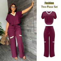 Setelan Wanita Tracksuit Polos V-neck Kaos Lengan Pendek + Celana Panjang Lebar Model Suit Kantor Wanita Musim Panas Fashion Dua Potong