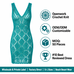 Abito Mini Donna OEM ODM con Scollo a V e Lavorazione a Maglia Traforata, Senza Maniche, Copricostume da Spiaggia, Ordine all'Ingrosso dalla Fabbrica - Product Image 4