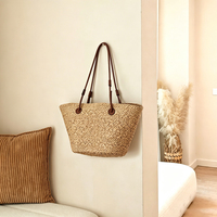 Sac fourre-tout d'été en paille raphia tressé pour femme, sac de plage à bandoulière avec poignée en cuir, style décontracté de créateur, sac à main de vacances