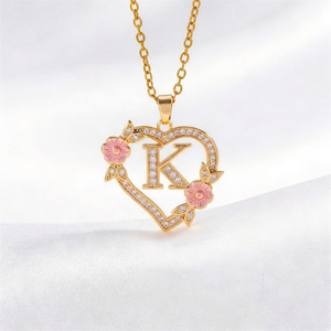 Collier avec pendentif en forme de cœur avec initiale de l'alphabet A-Z, couleur or, cuivre, fleur rose, strass, bijoux pour femmes, <span class=keywords><strong>cadeau</strong></span>, vente en gros - Product Image 1