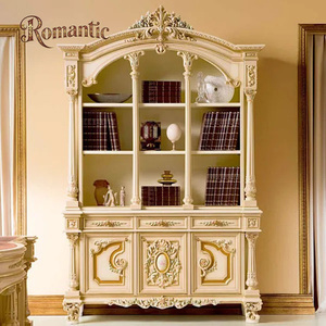 <span class=keywords><strong>Bibliothèque</strong></span> Classique de Luxe Française, Finition Crème et Or, Vitrine en Bois Sculpté à la Main avec Portes Vitrées pour <span class=keywords><strong>Bibliothèque</strong></span> de Villa - Product Image 2