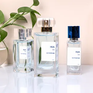 Frascos de vidro transparente com caixa personalizada, frascos de vidro transparente com fragrância quadrada longa e alta de 100ml