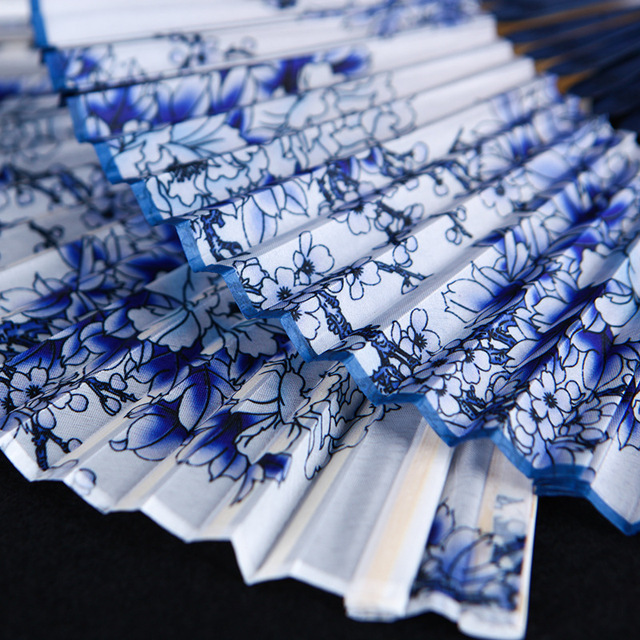 Blue White Porcelain Hand Fan Handmade Bamboo Folding Fan with Tassel for Wedding Dance Party Decor