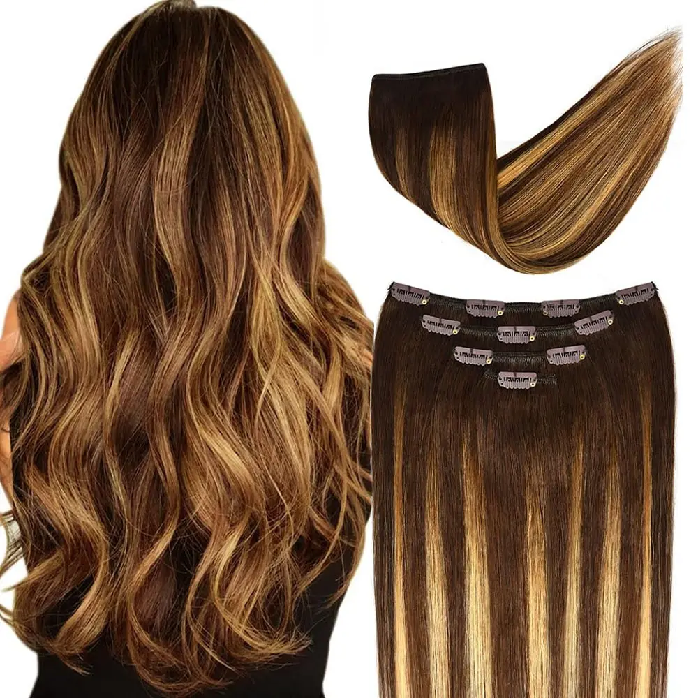 Blonde Raw Clip In Hair Extension Human Hair Highlights For Black Women 120g 150g 180g Brown #4 27 Piano Color Clip On hair