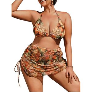 FOXA Ensemble bikini 3 pièces pour femme, grande taille, motif floral léopard, triangle à bretelles avec jupe de plage - Product Image 1