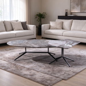 Marble Nesting Coffee Table Set of 2 Round Gray Stone Top Spider Legs <b>Black</b> <b>Metal</b> <b>Frame</b> Living Room Center Table Villa Lounge - Product Image 3