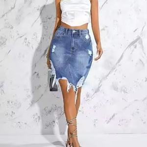 Jupe en jean délavée à l'acide 100 % coton pour femme, nouvelle collection, style déchiré avec franges, vente en gros - Product Image 6