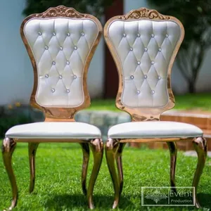 Gold metal stainless steel frame white leather wedding chair with crystal button