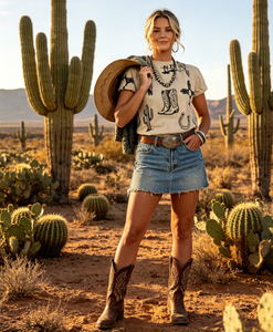 Camiseta de manga corta para <span class=keywords><strong>mujer</strong></span>, estilo western, cuello redondo, con estampado de cactus, botas, herraduras y calaveras, informal, vintage, estilo vaquera, blusa de verano - Product Image 3
