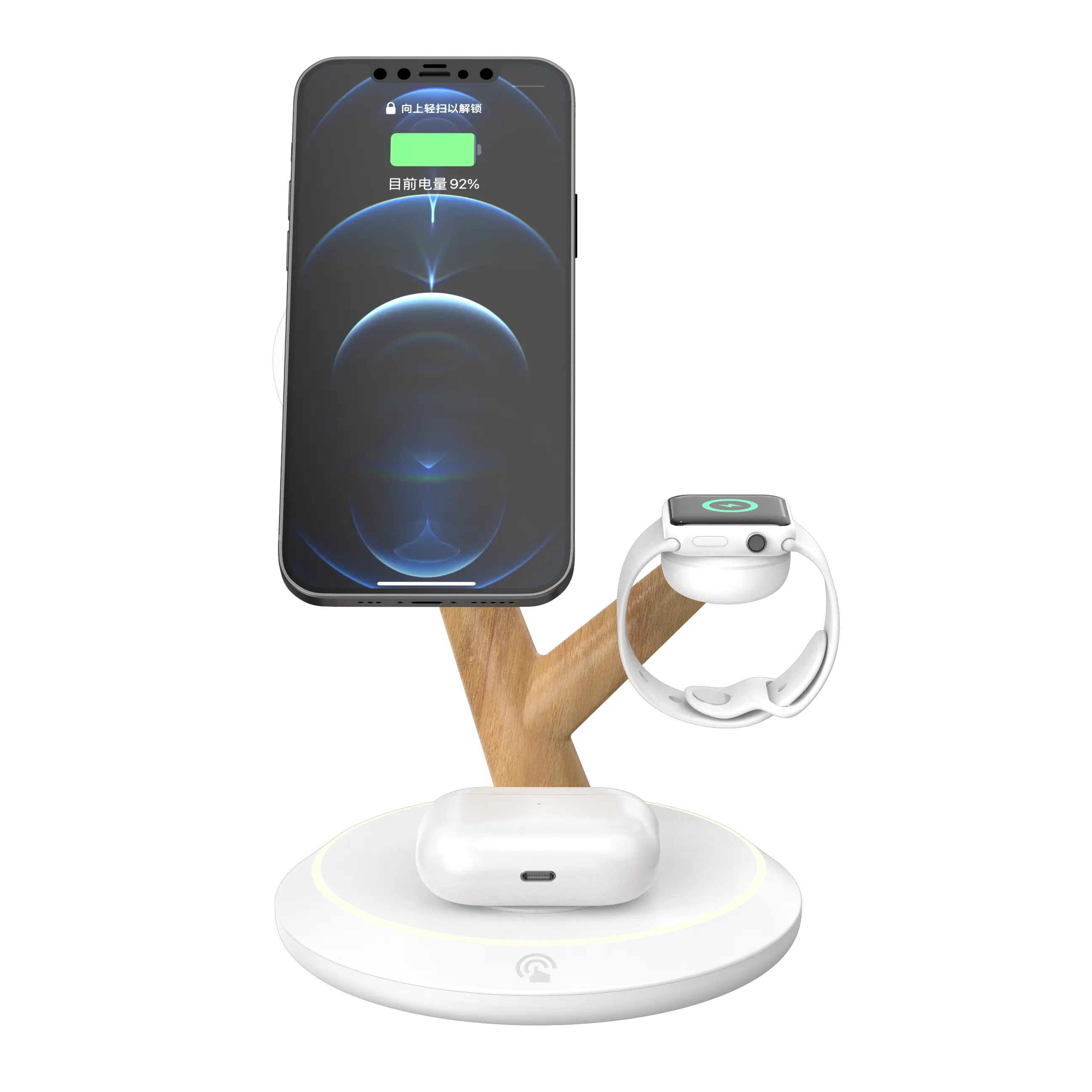 Tree Wood Desk Lamp Magnetic Phone Holder 15W Dock 3 in 1 Wireless Charger Station for Apple Magsaf iPhone Magsafer Stand