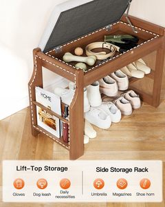 Banco zapatero moderno de madera de pino maciza con cojín suave, almacenamiento de 2 niveles y tapa elevable para recibidor, pasillo, <span class=keywords><strong>dormitorio</strong></span> y sala de estar - Product Image 5