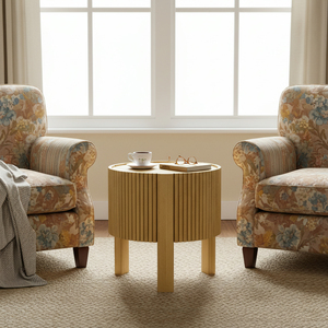 Modern <b>Round</b> Fluted <b>Side</b> <b>Table</b> with Storage for Living Room Rubber Solid Wood Soft-close Door Adjustable Height - Product Image 6