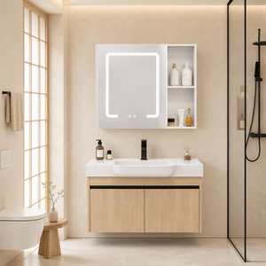 Mobile <span class=keywords><strong>bagno</strong></span> a parete in alluminio a nido d'ape con finitura in fibra di carbonio rovere chiaro, maniglia a incasso, specchio LED intelligente e <span class=keywords><strong>mensola</strong></span> aperta - Product Image 1