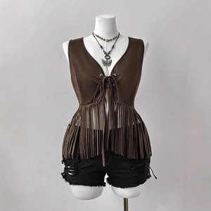 <span class=keywords><strong>Gilet</strong></span> <span class=keywords><strong>long</strong></span> en daim pour <span class=keywords><strong>femme</strong></span>, style western, col en V, sans manches, à franges, coupe ajustée, nouvelle collection été, vente en gros - Product Image 2