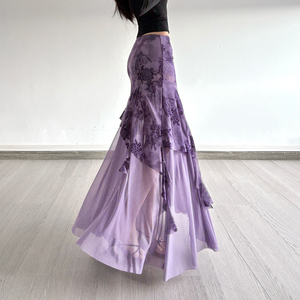 Romantic Purple <b>Floral</b> Print Mesh Maxi <b>Skirt</b> Women Irregular Ruffle Hem Sheer Patchwork Vintage <b>Long</b> <b>Skirt</b> Elegant Style - Product Image 5