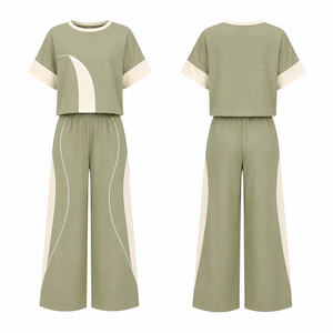 Conjunto de 2 Piezas Personalizado para Mujer, Top Corto con Bloques de Color y Pantalones Anchos, Atuendo Casual OEM ODM - Product Image 2