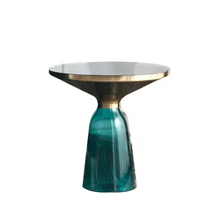 家用热卖现代北欧豪华玻璃底座圆形边茶几不锈钢香槟镀金钟边桌