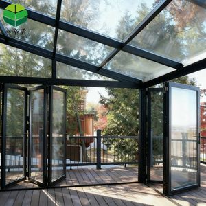 Gazebo Aluminium Sunroom Luar Ruangan dengan Dinding Miring, Rumah Kaca Kaca Terpasang di Dinding, <span class=keywords><strong>Pergola</strong></span> Bioklimatik Luar Ruangan dengan Penutup Elektrik untuk Semua Musim - Product Image 2