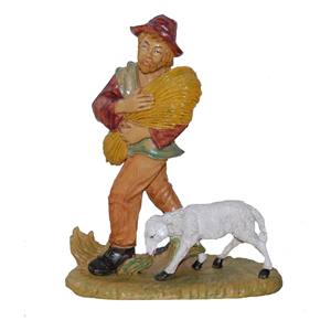 รูปปั้นคนเลี้ยงแกะพร้อมหญ้าแห้งและแกะ รุ่น LUX ทำจาก PVC ลายไม้ สูง 20 ซม. - Product Image 1