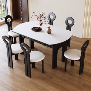 Mesa de Comedor Redonda de Madera Maciza Color Nogal Moderno, Plegable y Ajustable con 6 Sillas, Muebles para Comedor y Hogar - Product Image 1