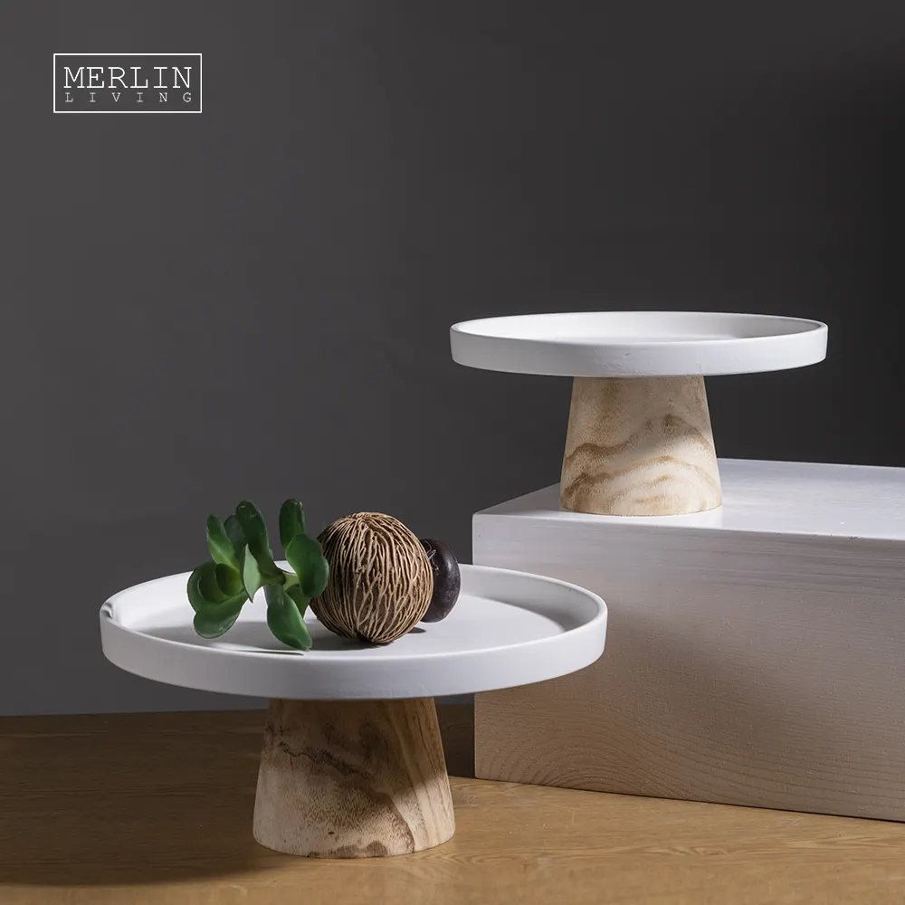 Merlin placa de bolo de cerâmica, acessórios de decoração para casa com suporte de madeira para cozinha sala de estar para placa de porcelana