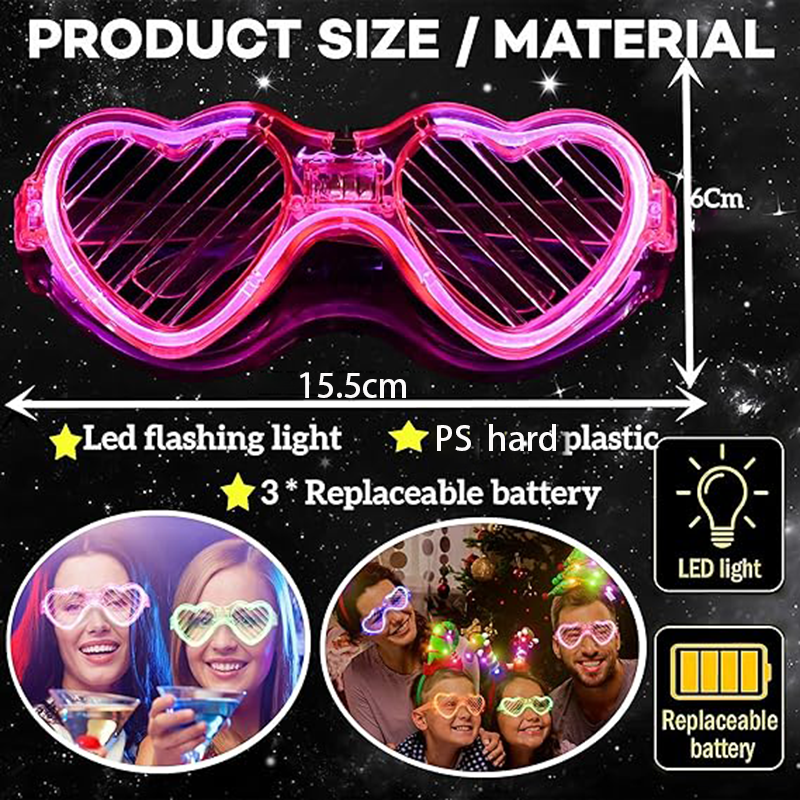 LED Heart-shaped Louver Flashing Glasses-Diwali Ramadan Party Accessories Customizable Colors Long Life Battery Enhanced