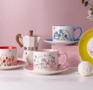 Commercio all'ingrosso carino gatto e fiore in ceramica piattino set stoviglie in porcellana con colori vivaci alla moda per la casa e la caffetteria essenziali per la ristorazione - Product Image 5