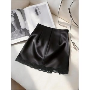 FOXA Women's Satin Mini Skirt High Waist Ruched Lace Trim <b>Asymmetrical</b> Bodycon Party Skirt - Product Image 2