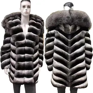 Mantel Bulu Chinchilla Asli Penghangat Musim Dingin untuk Pria Jaket Bulu Chinchilla Asli dengan Lapisan Beludru Mink Di Dalam Trim Bulu Rubah Perak