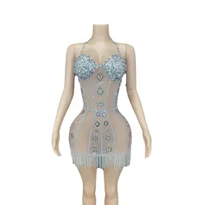 2024सेक्सी सी थ्रू टैसल राइनस्टोन्स मिनी पार्टी क्लब ड्रेस लेडीज़ हाल्टर बैकलेस एक्सोटिक स्ट्रिपर डांसवियर महिला क्लब ड्रेस
