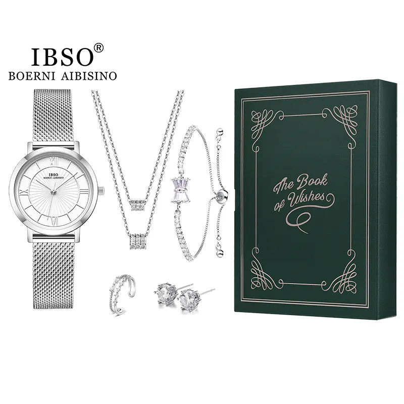 Ibso conjunto de relógio de luxo verde, para mulheres, luxo, aço inoxidável, joias, conjunto para amantes, relógios de quartzo