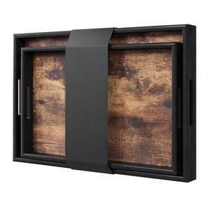 Ensemble de plateaux de service en bois rustique avec poignées |   Plateau rectangulaire décoratif pour table basse, ottoman, cuisine, salle à manger, maison - Product Image 4