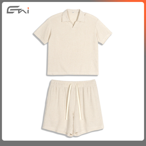 Completo estivo traspirante da <span class=keywords><strong>uomo</strong></span> in cotone leggero <span class=keywords><strong>lino</strong></span> da <span class=keywords><strong>spiaggia</strong></span> Polo T shirt e Shorts Set - Product Image 2