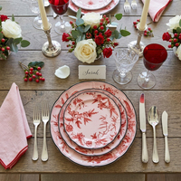 Großhandel Vintage Rosa Blumenmuster Keramik-Tellerset Klassische Porzellangeschirr mit Wellenkante für Hochzeit Hotel Tischdekoration