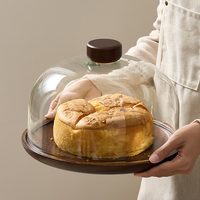 Support à gâteau rond en bois d'acacia avec couvercle en verre, plateau de présentation de desserts écologique