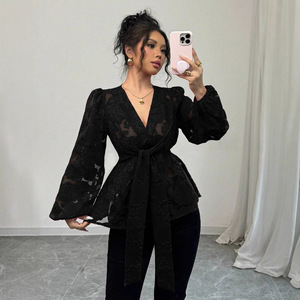 <span class=keywords><strong>Camicia</strong></span> da Donna alla Moda, Best-seller Primavera-Autunno, Nuovo Stile Sexy Semi-<span class=keywords><strong>Trasparente</strong></span> a Maniche Lunghe con Scollo a V - Product Image 1